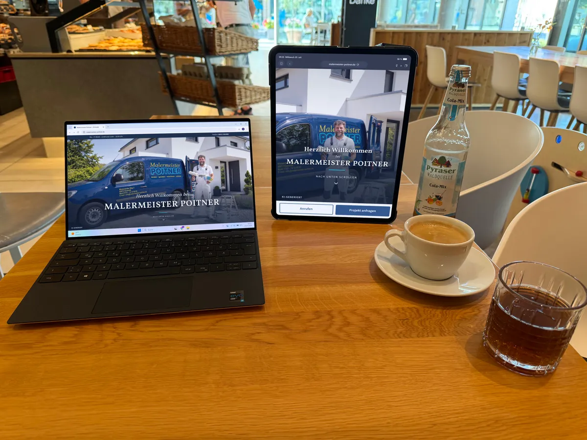 Laptop und Tablet auf einem Tisch im Café, auf beiden die fertige Website von Malermeister Poitner