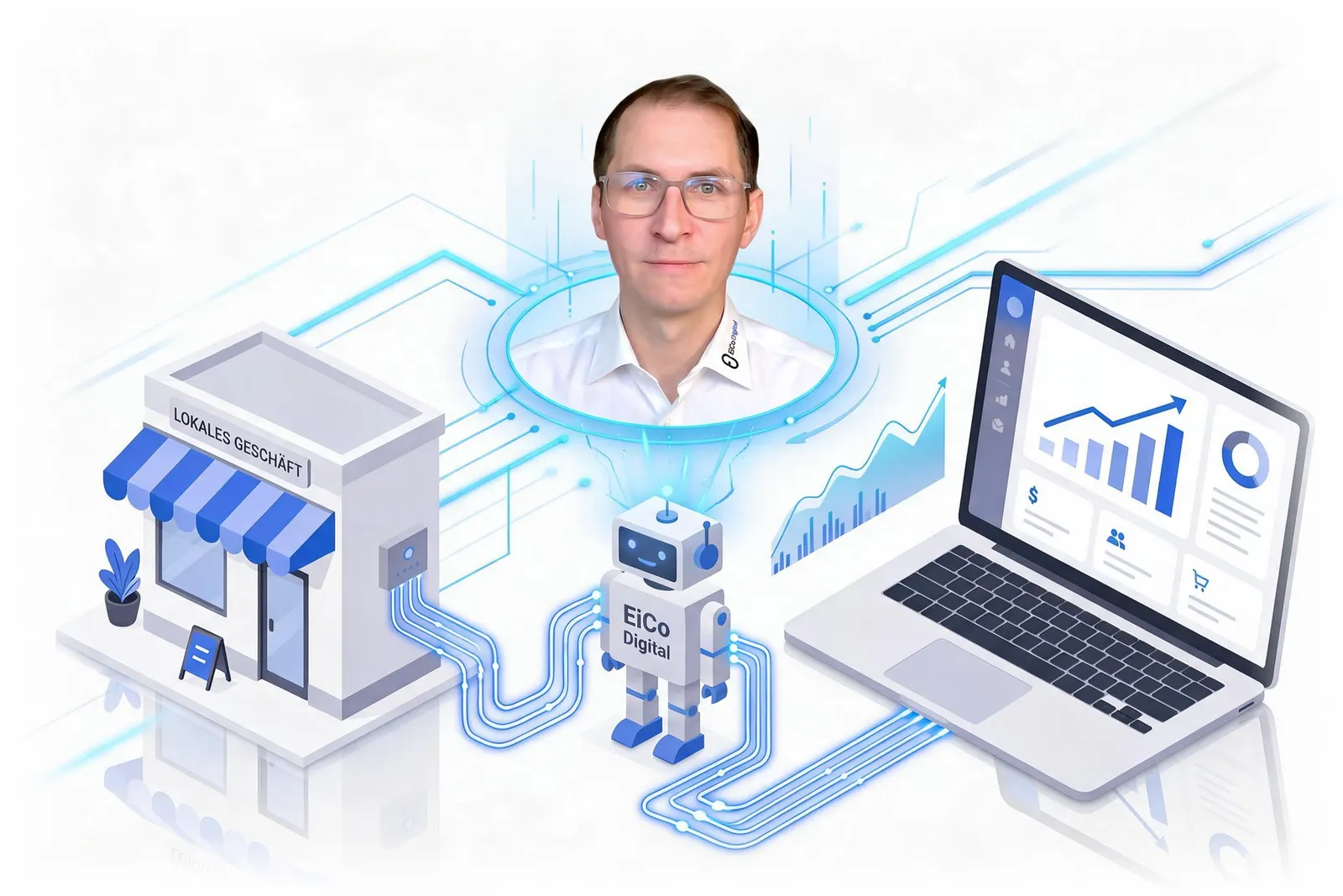 Illustration: In der Mitte der Inhaber von EiCo Digital, links ein lokales Geschäft, rechts ein Laptop mit steigenden Kennzahlen, dazwischen ein kleiner Roboter, der beides verbindet