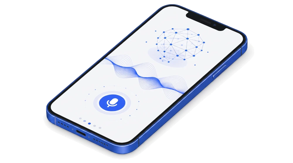 Smartphone mit aktivem Sprachassistenten — Mikrofon-Symbol und Klangwellen