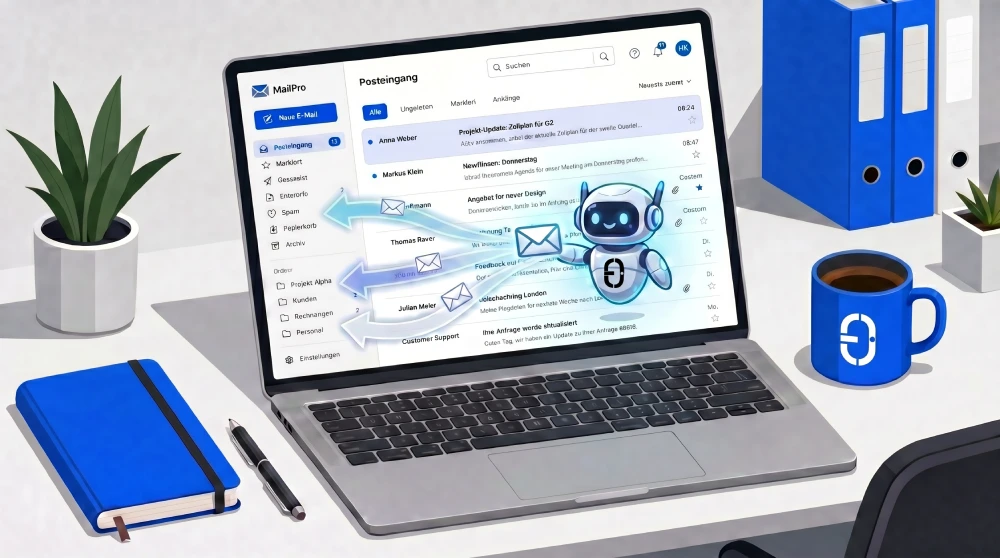 Aufgeräumter Schreibtisch mit automatisch sortierten E-Mails auf dem Bildschirm