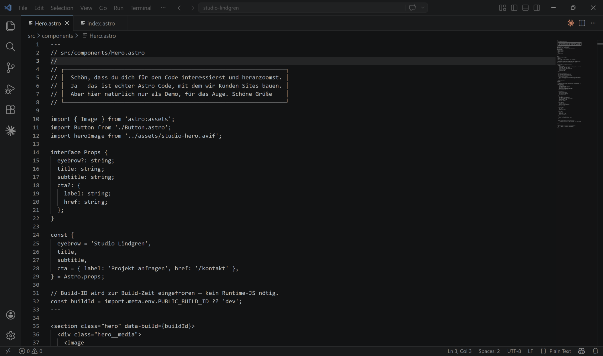 Unser Werkzeug: VSCode-Editor mit Astro-Komponente.