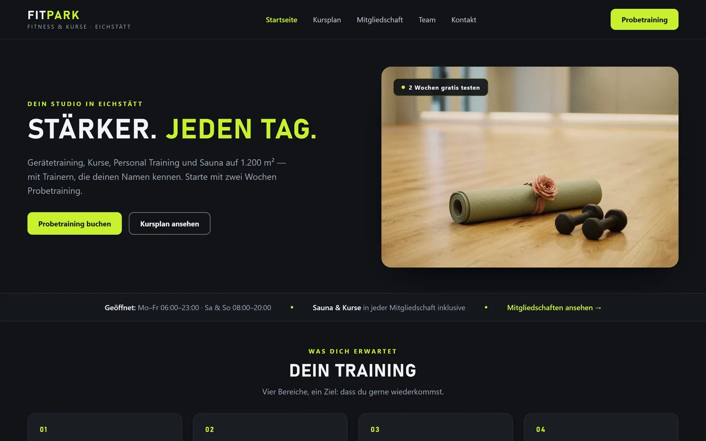 Website für Fitnessstudios, Yoga- und Tanzschulen — Desktop-Ansicht