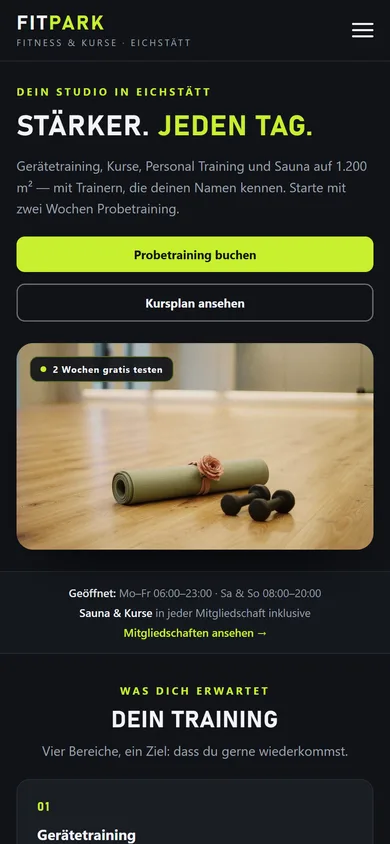 Website für Fitnessstudios, Yoga- und Tanzschulen — Mobile-Ansicht