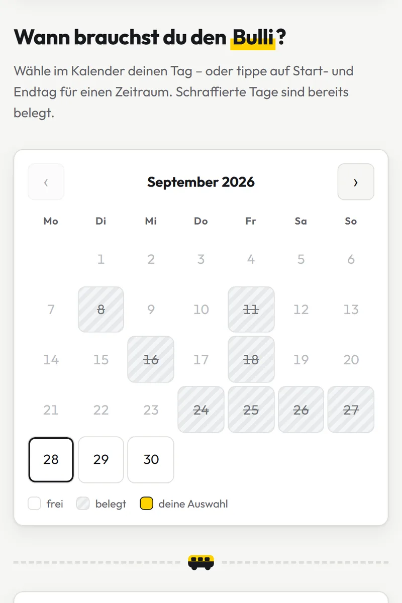 Reservierungsseite für den Vereins-Bulli: ein Kalender, belegte Tage sind schraffiert, freie Tage lassen sich antippen